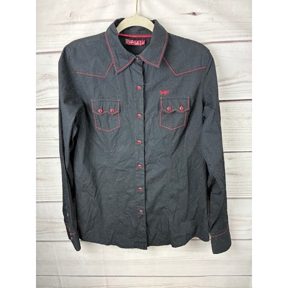 Cruel Girl Womens Western Snap Shirt Black Red Polka Dot Long Sleeve Large